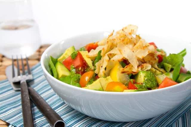 Heirloom Tomato and Avocado Salad with Crispy Wontons and Spicy Cilantro Vinaigrette
