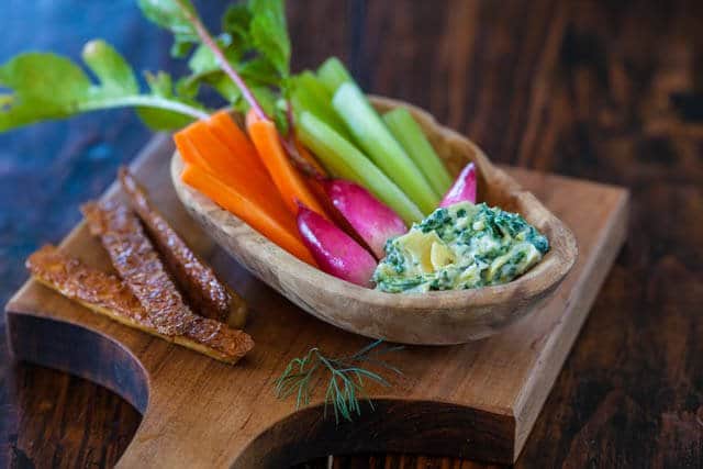 Healthy Garlicky Spinach Artichoke Dip with Baked Tofu Fries